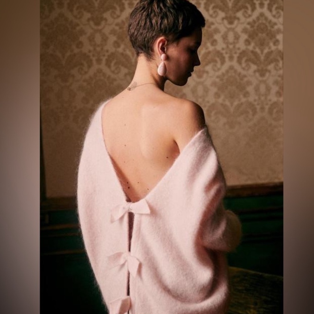 Sezane Aurette Sweater Oversized Bow Open Back Nude Pink Size Small